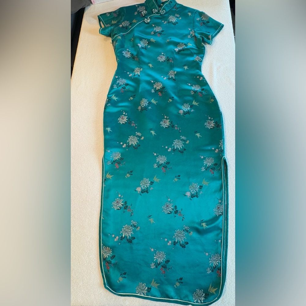 Vintage Solz Squirrel Qipao Cheongsam Teal Rayon Wiggle Dress 70s Size 38 Size 6